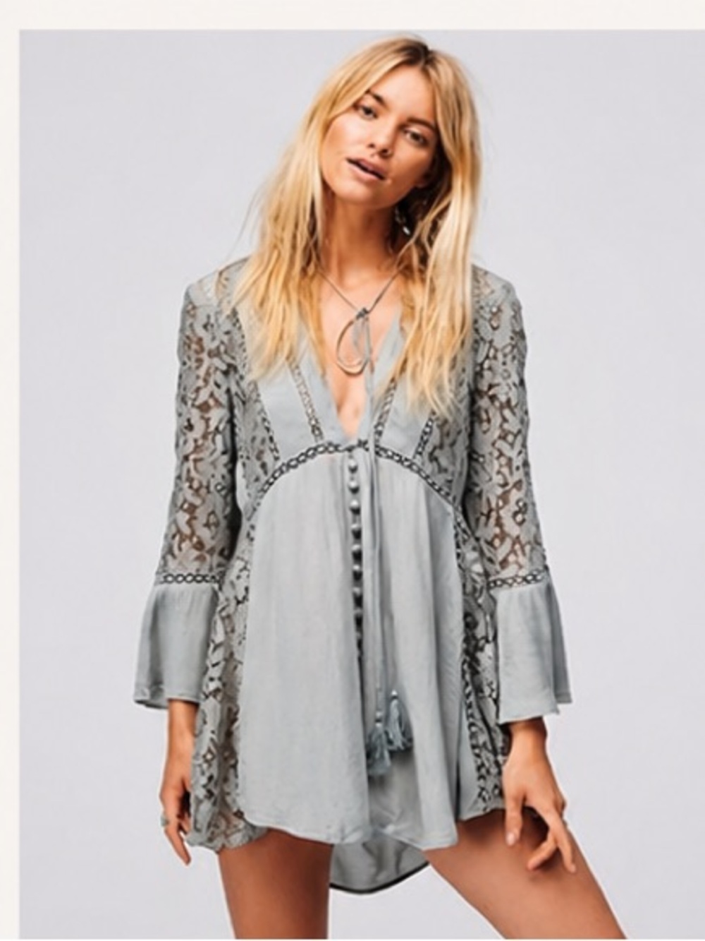 Free People Pale Gray Lace Tunic with Tassel Tie